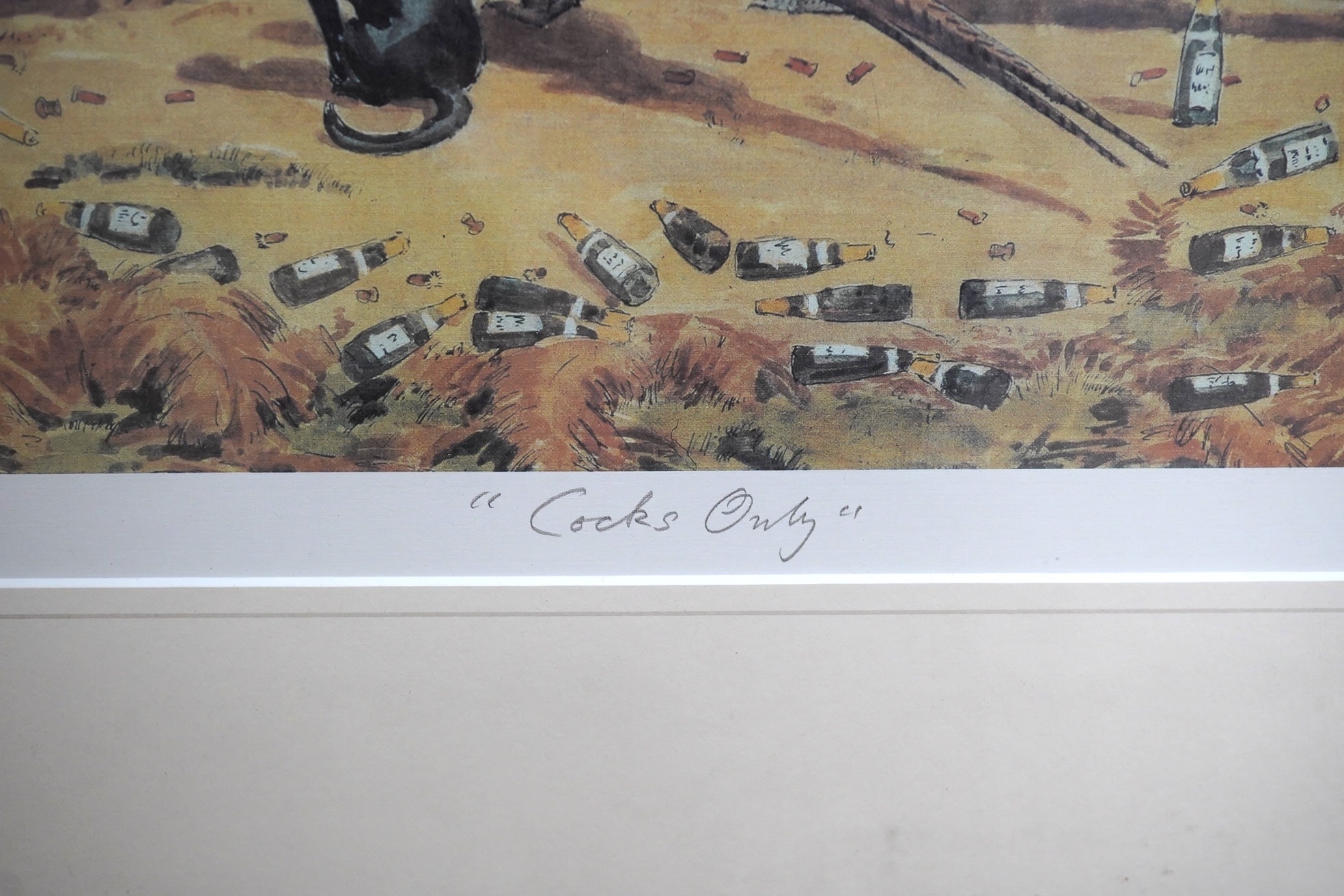 Alexander Charles-Jones (b. 1959), colour print, Shooting scene, 'Cocks only', signed in pencil, 32 x 48cm. Condition - good